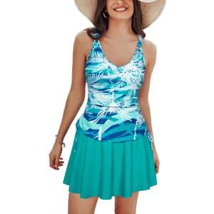 Kate Kasin Women's Tankini Swimsuits Tummy Control Two Piece V Neck Ruched Bathing Suits with Skirts Beach Swim Dress (Green Print), S