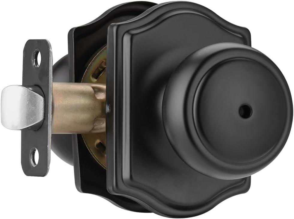 Matt Black Door Knobs with Camelot Trim,Interior Door Knob with Lock,Coastal Privacy Door knob for Bath and Bedroom (1)