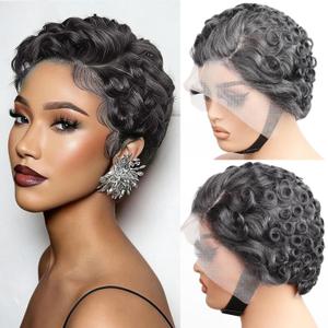 Short Curly 13X4 Lace Front Pixie Cut Wig Human Hair Wigs, Light Grey 13x4 HD Lace Frontal Wigs Short Curly Layered Glueless Daily Wear Wig Deep Loose Wave Pixie Cut Human Hair Wigs for Black Women