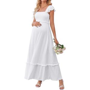 OUGES Womens 2026 Summer Maternity Photoshoot Dress Boho Maxi Smocked Baby Shower Dress Ruffle Sleeve Maternity Clothes (Medium, White)
