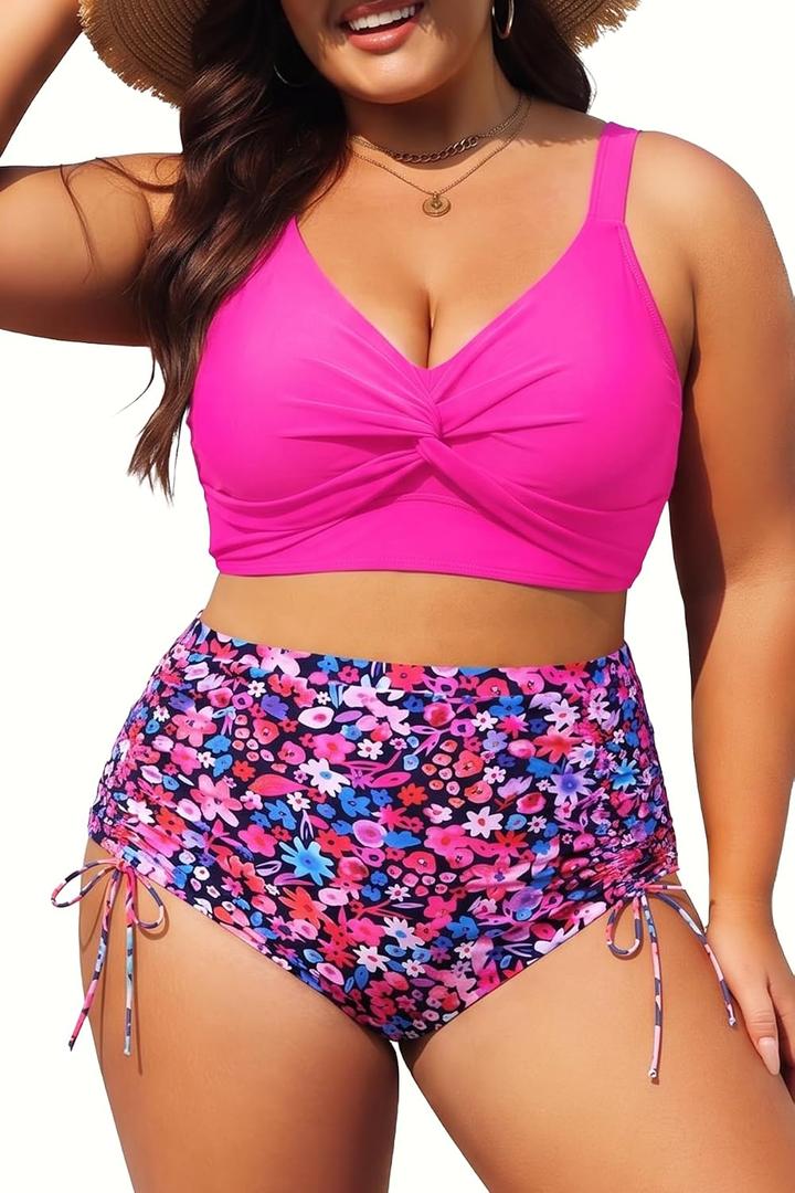 Womens Plus Size High Waisted Bikini -Twist Front Two Piece Swimsuit 2025 Tummy Control Bathing Suits with Drawstring, 14W