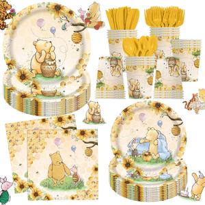 140pcs Classic Bear Baby Shower Decorations Baby Shower Party Tableware with Plates, Napkin, Forks, Cups for Birthday Party Supplies Set Serves 20 Guests (Yellow)