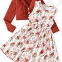 HINTINA Toddler Little Girls Dress And Cardigan Sets 2 Piece Floral Print Sleeveless Dress and Long Sleeve Cardigan Set, Size 130