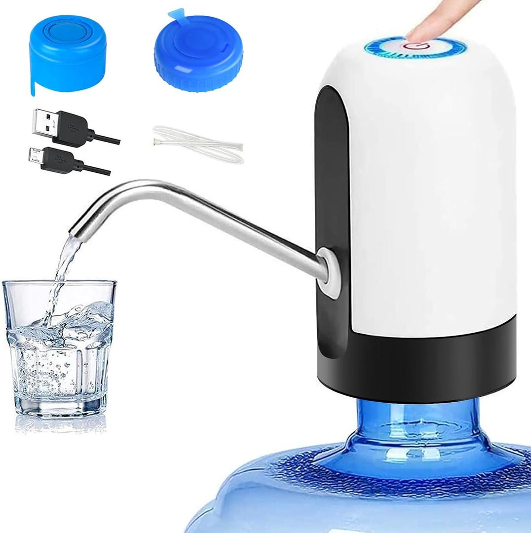 Water Pump for 5 Gallon Jug, CHIVENIDO Drinking Water Pump Water Jug Dispenser USB Charging Water Dispenser with Non Spill Caps for Universal 2-5 Gallon Bottle (White)
