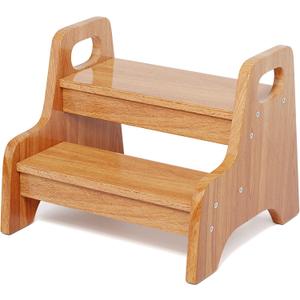 Step Stool for KidsWooden Toddler StepStool with Handles, 2-Steping Stool for Kitchen & Bathroom Sink, Perfect for Potty Training and Bed Beside,300 lbs Capacity Stairs(Cherry Brown)