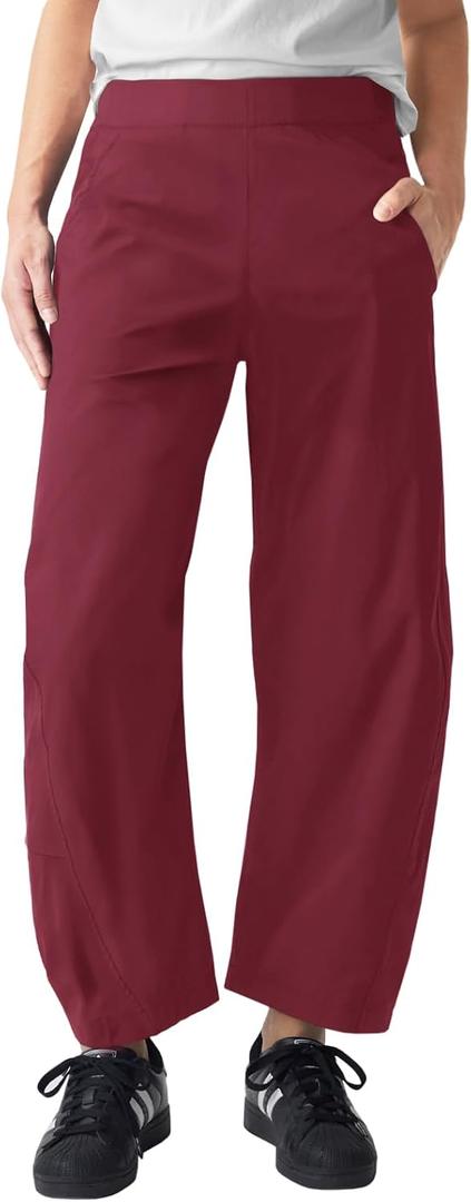 Womens Elastic Waist Ankle Pants Baggy Curved Tapered Leg Barrel Travel Pants with Pockets, S