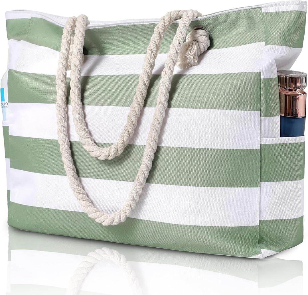 Clothirily Beach Bag for Women - Large Beach Tote Bag, Waterproof Sandproof Beach Bag with Zipper, Large Swim Pool Beach Tote (Green)