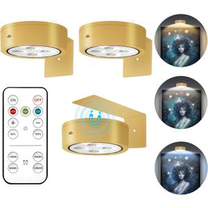 3Pcs Battery Operated Picture Light, Magnetic Led Painting Light with Remote Dimmable and Timer, 3 Lighting Modes Art Display Light for Picture Frame Paintings, Wireless Wall Decor Puck Lights, Gold