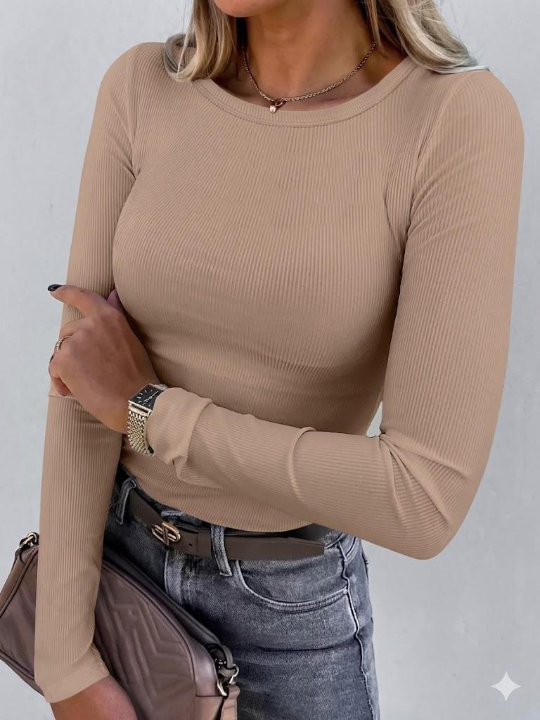 ANRABESS Women's Long Sleeve Rib-Knit Shirt, L, Light Khaki