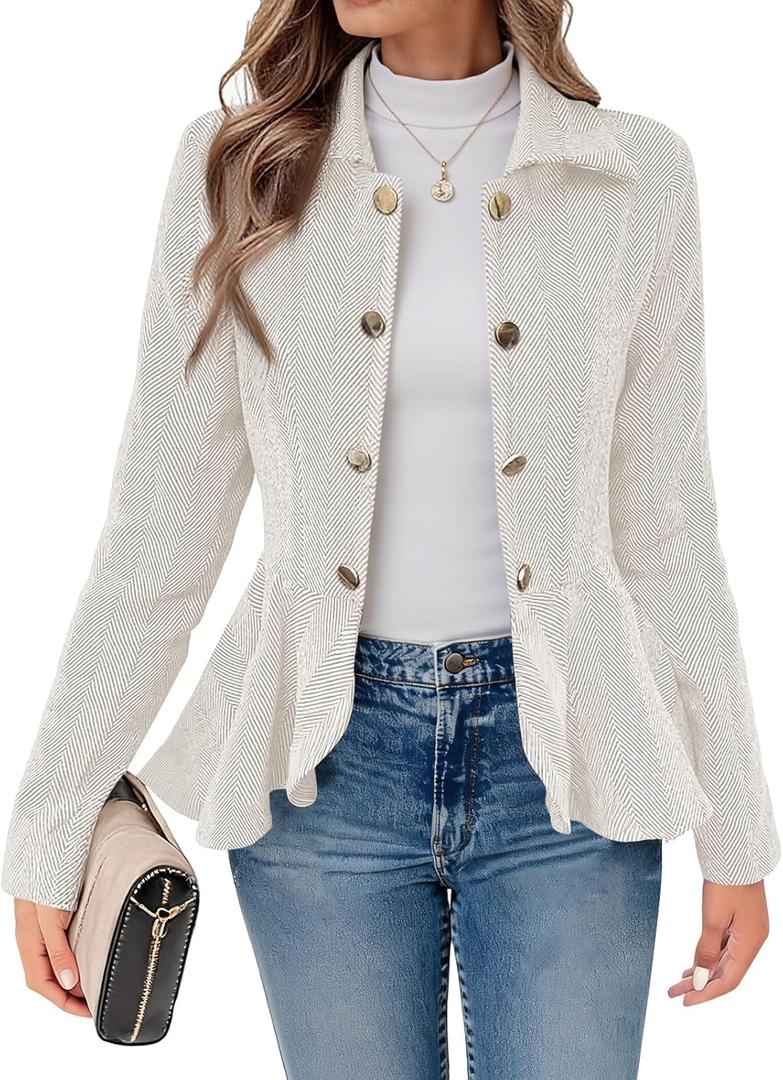 Cicy Bell Elegant Women Blazer Business Work Office Peplum Hem Jacket Open Front Herringbone Coats (XXL, Beige)