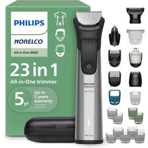 Norelco Philips All-in-One 9000 Series 23-Piece Trimmer - Electric Shaver and Clipper for Face, Beard, Head & Body, Self-Sharpening Full Metal Blades, 29 Length Settings (0.5-16 mm), MG9575/49 (Steel)