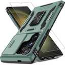 DEERLAMN Case for Samsung Galaxy S25 Ultra with Slide Camera Cover, Rotated Ring Kickstand Military Grade Shockproof Protective Cover-Green