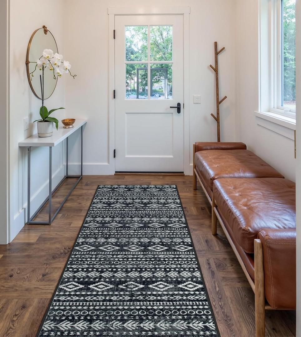 Lahome Boho Moroccan Runners for Hallways, Washable 2.5x8 Black White Hallway Runner Rug Non-Slip, Low-Pile Soft Tribal Print Indoor Bedroom Carpet Runners 8ft for Entryway Kitchen Laundry