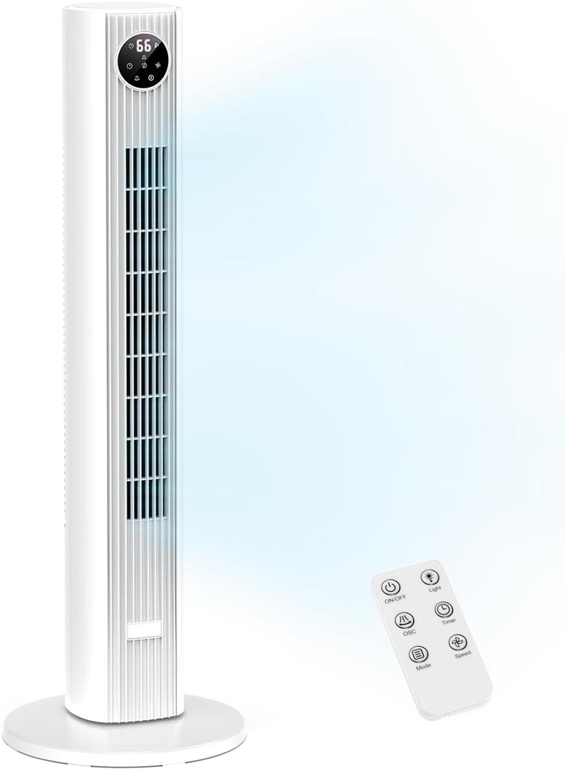 ZAFRO Tower Fan for Bedroom, 90 Oscillating Fan with 12H Timer, 37Standing Fans with Remote, Bladeless Fan with 4 Modes & 3 Speeds, White
