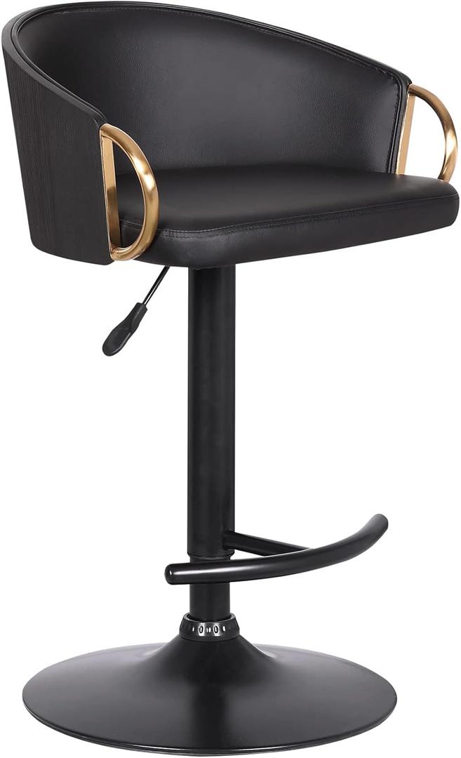 Armen Living Solstice Adjustable Black Faux Leather Swivel Barstool With Black Powder Coated Finish and Gold Accents