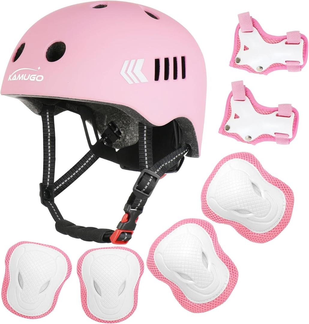 Kids Bike Helmet Set, Toddler Helmet for Ages 2-8 Boys Girls with Sports Protective Gear Set Knee Elbow Wrist Pads for Skateboard Cycling Scooter Rollerblading, Pink
