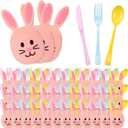 2 x 160 Pcs Pastel Plastic Silverware Rabbit Party Supplies Plastic Disposable Dinnerware with 40 Rabbit Cutlery Bags 40 Spoons 40 Forks 40 Knives for Spring Celebrations Picnic Utensils