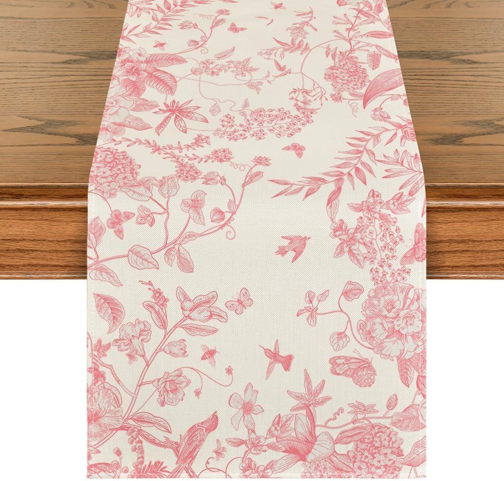 Artoid Mode Pink Monochrome Sketch Birds Flowers Spring Table Runner, Seasonal Summer Kitchen Dining Table Decoration for Home Party Decor 13x72 Inch (13" x 72", Table Runner)