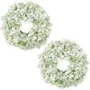 Hollyone 2Pcs Small Artificial Baby Breath Flowers Wreath 10 Inch White for Front Door Decor Faux Gypsophila Wreath Fake Baby Breath Flower Garland Candle Ring Kitchen Cabinet Chairs Tabletop Decor