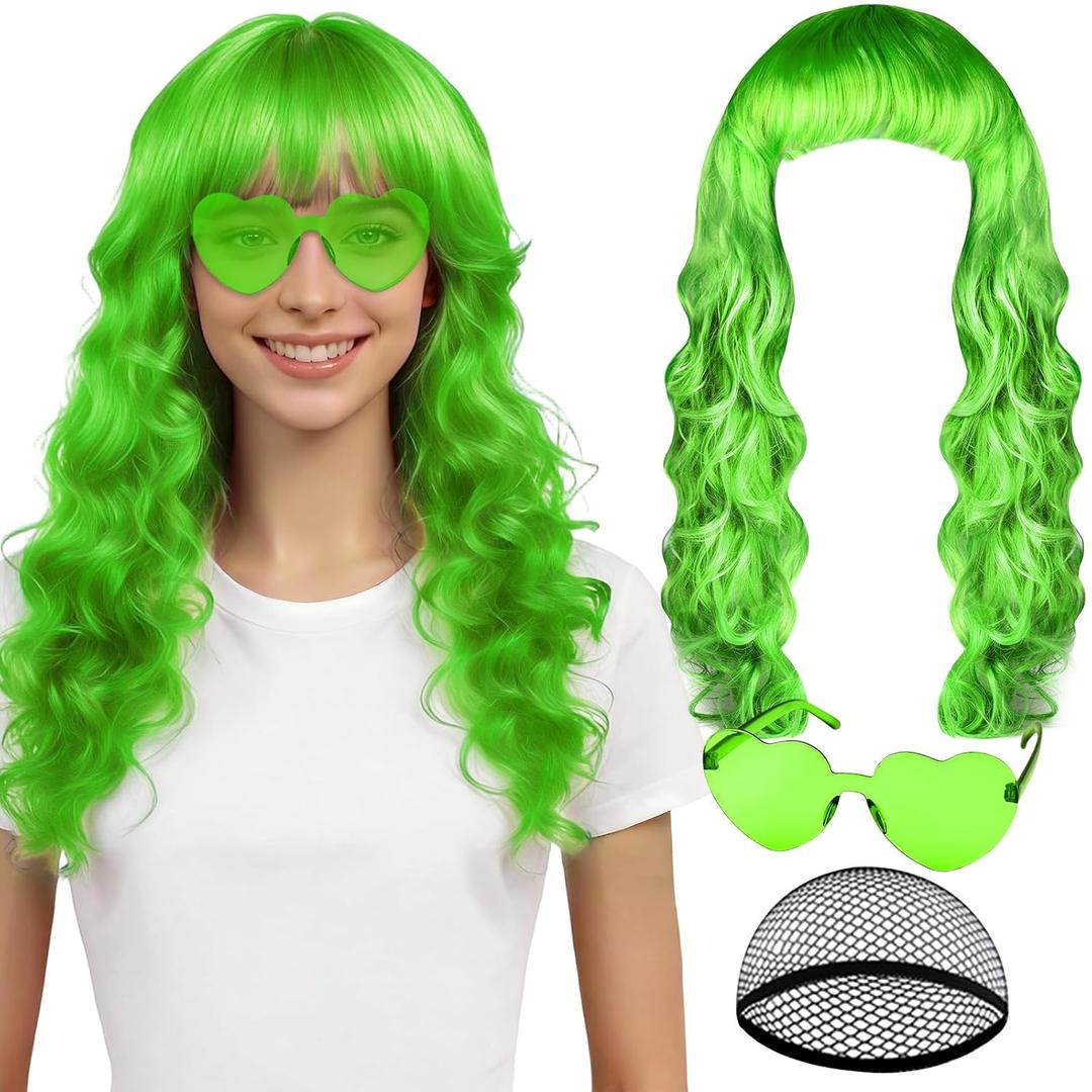 PLULON Grass Green Neon Wave Wig with Heart Sunglasses for Women, Colorful Funny Party Long Wavy Wigs with Bangs Synthetic Curly Hair for Neon Nightclubs Bachelorette Theme Party Music Festival (7.95 x 5.2 x 1.46 in)