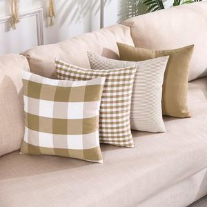 CARRIE HOME Modern Farmhouse Decor Brown Pillow Covers 18x18 Khaki Neutral Plaid Couch Throw Pillows 18 x 18 Set of 4 Brown Buffalo Check Decorative Pillow for Bedroom and Living Room