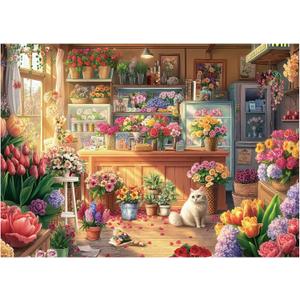 Flower Colorful Shop Puzzle 1000 Pieces for Adults, Spring Floral Plant Cabin Jigsaw Puzzle, Vintage Garden Cat Nature Puzzles