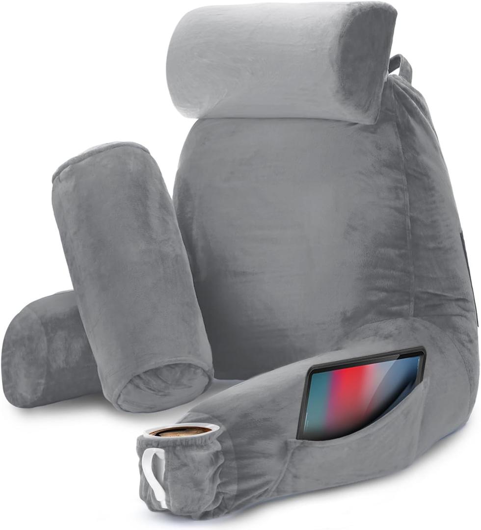 Nestl Reading Pillow with Shredded Memory Foam Includes 2 Neck and Lumber Support Pillows, Designed for Sitting Up in Bed and Couch, Back and Arms Adjustable Support for Adult & Teens, Grey, Size: Large 22"