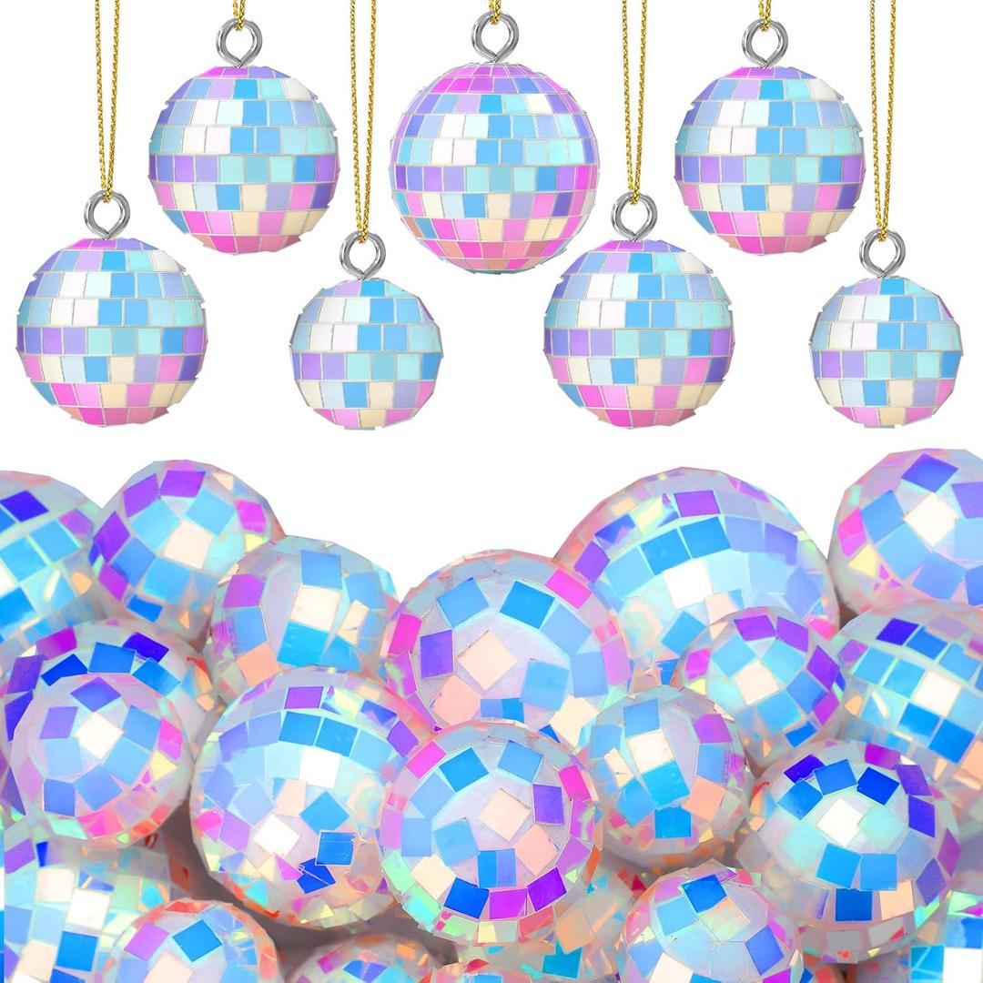 Roowest 36 Pcs Iridescent Disco Ornament Mirror Disco Ball Decoration Hanging Reflective 70s Cake Topper for Wedding Birthday Dance Music Festival Party Decoration