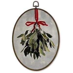 Christmas Winter Mistletoe Hanging Wall Art Decor Framed, Christmas Red Bow Greenery Oval Wall Decor Decorations, Vintage Winter Xmas Mistletoe Canvas Prints Art for Living Room Bathroom, 8.7x11.3
