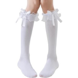 Women's Lace Ruffle Frilly Ankle Socks - Girl Cotton Knee High Socks with Bow Lace Ruffle Trim (White-2 Pairs)