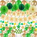 2 x 79Pcs Birthday Decorations Happy Birthday Banner Green Gold Balloons Paper Fans Honeycomb Balls Garland Cupcake Toppers for Women Men Neutral Wild One Party Decorations