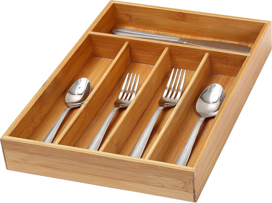 Core home, Bamboo Wood Medium Flatware Organizer, 5 Compartments, Dirty