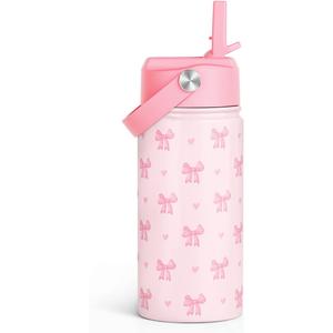 Bow Kids Water Bottle With Straw Lid 12oz Insulated Stainless Steel, Travel Tumbler, Pink Bow Gifts For Girls, Birthday, Christmas, Back To School