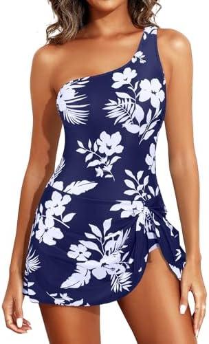 Tempt Me Women One Piece Swim Dress One Shoulder Swimsuit with Skirt Tummy Control Swimdress Bathing Suit, SIZE M Navy White Flower