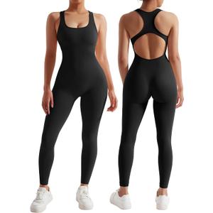 RXRXCOCO Women Backless One Piece Jumpsuits Sleeveless Scoop Neck Bodycon Romper Seamless Workout Yoga Jumpsuits (Medium, #005 Black)