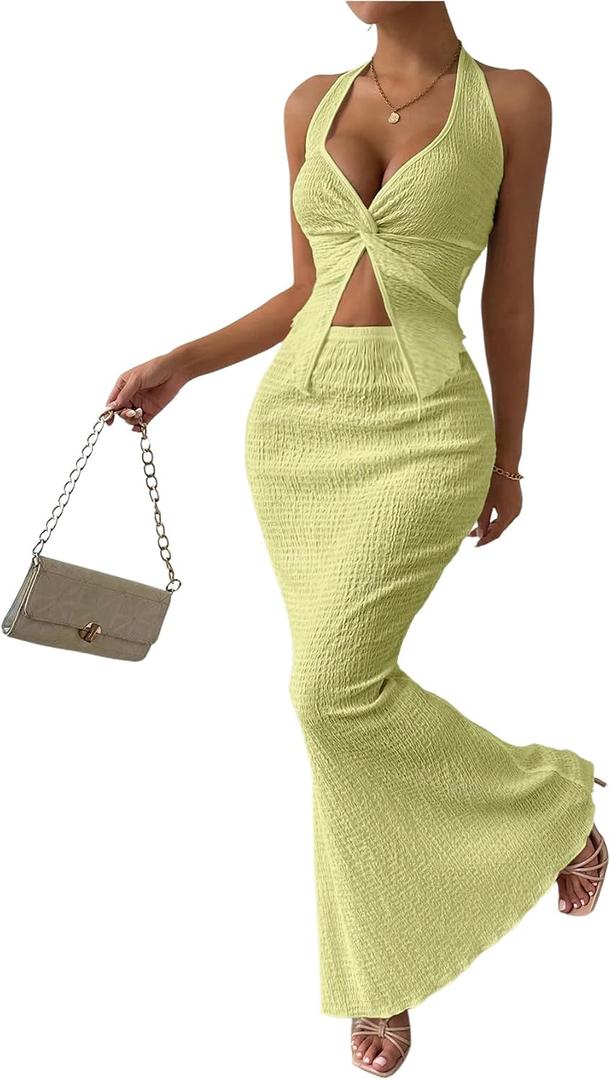 SOLY HUX Women's Two Piece Outfits Twist Front Halter Cami Tops and Skirt Summer Set (Yellow, XS)