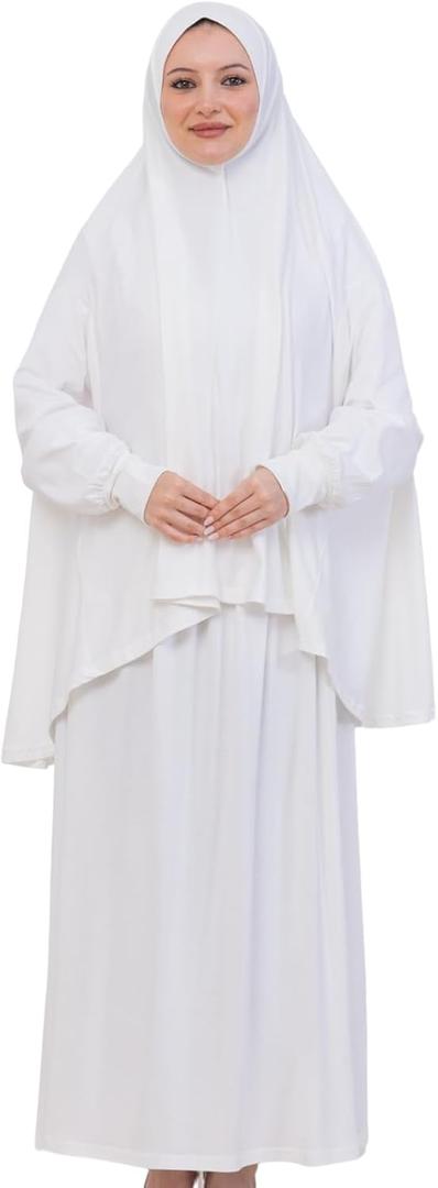 Prien Soft Prayer Dress For Women, Muslim Abaya Hijab Set, Long Turkish Cotton Praying Outfit, Islamic Clothes For Ramadan (White), One Size