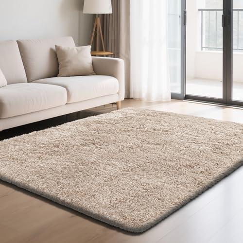 Fluffy Rug Shaggy Area Rug, Beige 5'x8' Area Rugs for Bedroom, Small Bedside Rug, Soft Fluffy Shaggy Entryway Throw Rugs for Living Room Bedroom Kids Room Home Decor