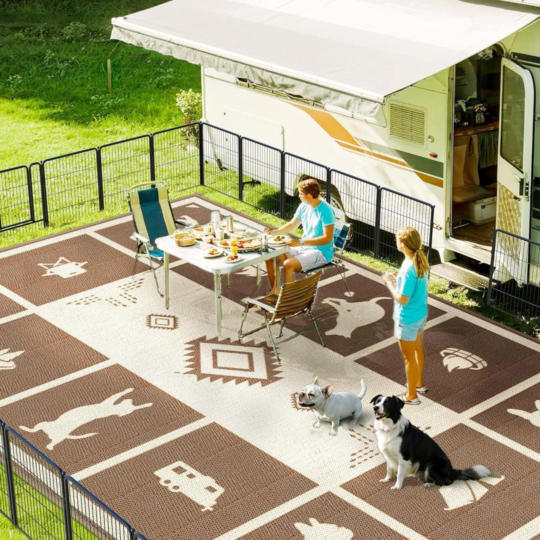 FXW Camping Rug, 10' x 14' Large Waterproof Portable RV Mat, Easy-to-Clean Straw Plastic Mat for Outdoor, Patio, Backyard, Deck, Picnic, Beach, Trailer, Brown & Beige