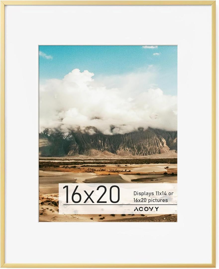 16x20 Gold Frame, 16x20 Frame Matted to 11x14, Metal 16 x 20 Picture Frames For Wall,Aluminum 16 by 20 Poster Frame with HD Tempered Glass, Wall Hook Included (Gold, Pack of 1)