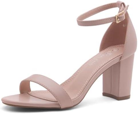 Shoe Land Women's Low Heels - 3-Inch Chunky Block Heeled Sandals with Ankle Strap | Open Toe Short Heels | Comfy Dressy Strappy Sandals for Wedding, Prom, Office, Size 10