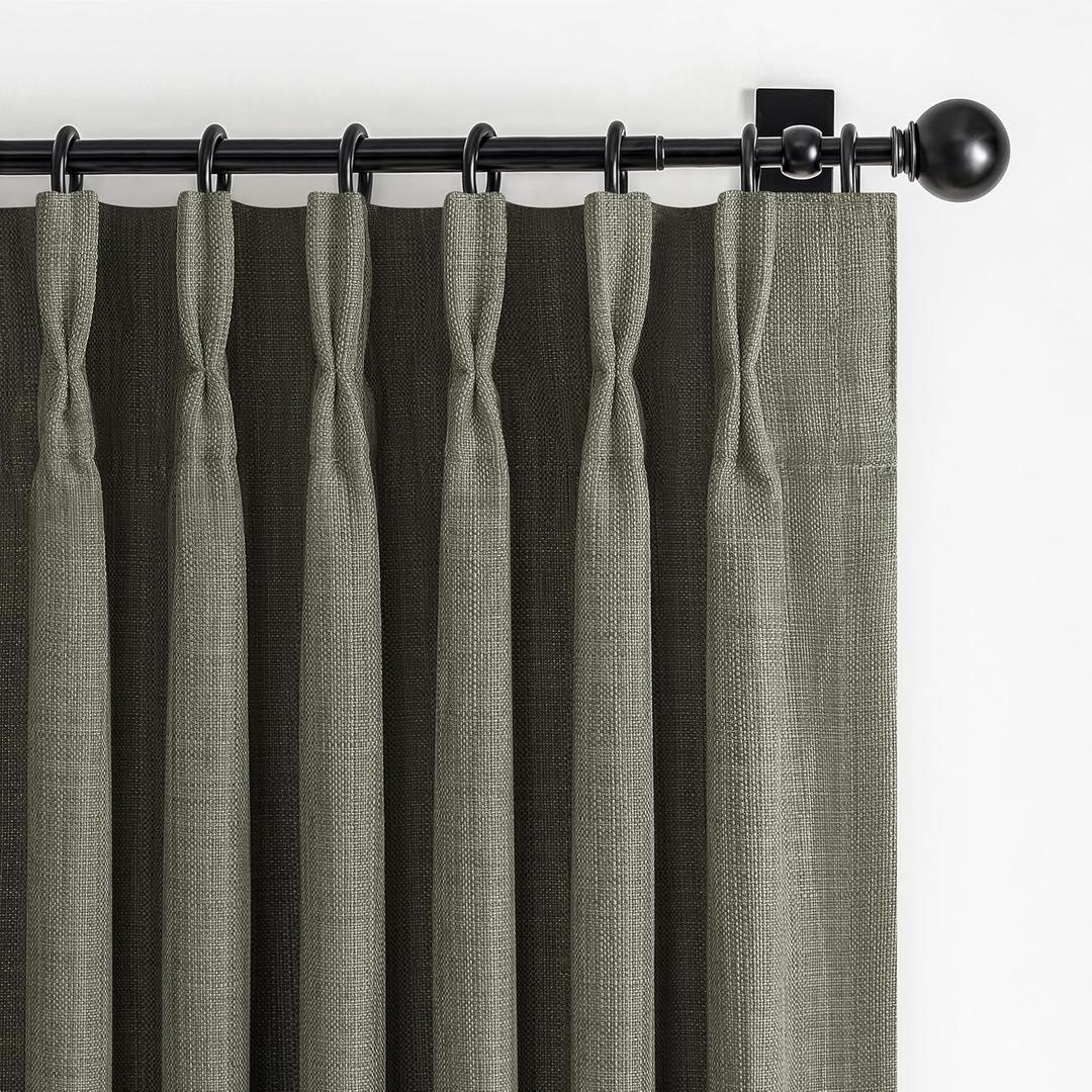 Greenish Gray Linen Curtains 84 Inch Length 2 Panels Set for Bedroom, Boho Pinch Pleated Blackout Dual Layer Thick Drapes 84 Inches Long Insulated Soundproof Window Curtain with Back Tab Kambaba Grey