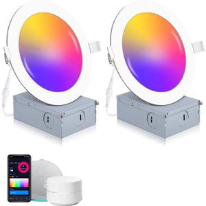 2 Pack Smart Recessed Lighting 6 Inch, Ultra-Thin LED Recessed Lighting 12W 1200LM Smart Downlight with Junction Box, Compatible with Alexa/Google Assistant - ETL and Energy Star (2P-RGB-WH)