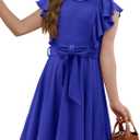 storeofbaby Girls Casual Ruffle Dress Elegant A-Line Flowy Dresses with Belt 5-14 Years (8-9 Years)