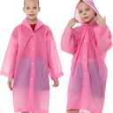Rain Ponchos Raincoats for Kids, Reusable Boys Girls Rain Jackets Emergency with Hood for Family Disney Travel Outdoor (Rose Red)