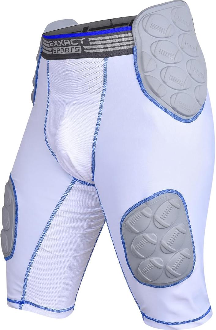 Exxact Sports Touchdown 5-Pad Youth Football Girdle with Cup Pocket, Lightweight Padded Compression Shorts with Integrated Hip, Thigh, Tailbone Pads, Boys Girdle Football (White)