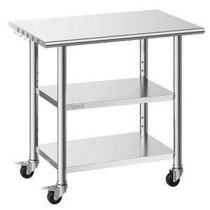 VEVOR Stainless Steel Work Table, 24x36 Inch Food Prep Table with 2 Shelves and Wheels, Commercial Kitchen Workstation, Metal Heavy Duty Utility Worktable, for Restaurant Home Hotel Garage Outdoor