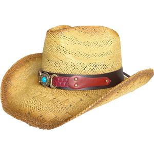 Western Outback Cowboy Hat Men's Women's Style Straw Felt Canvas, Beige Blue Stone W/Red Strap, One size