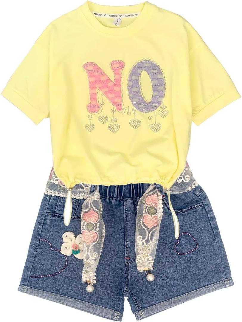 Peacolate 4-10Years Summer Little&Big Girls 2pcs Clothing Set Short Sleeve T Shirt and Denim Shorts (Yellow)