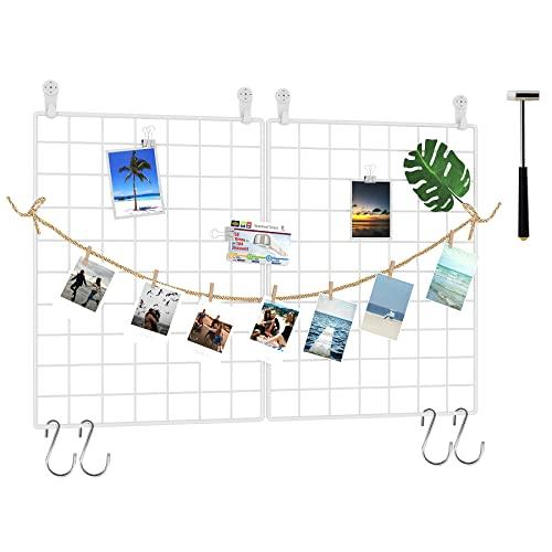 C&AHOME Photo Wall Display Set of 2, Grid Panel with Hooks, Clips, Hemp Cord, Hammer - 15.7" x 11.8", White 